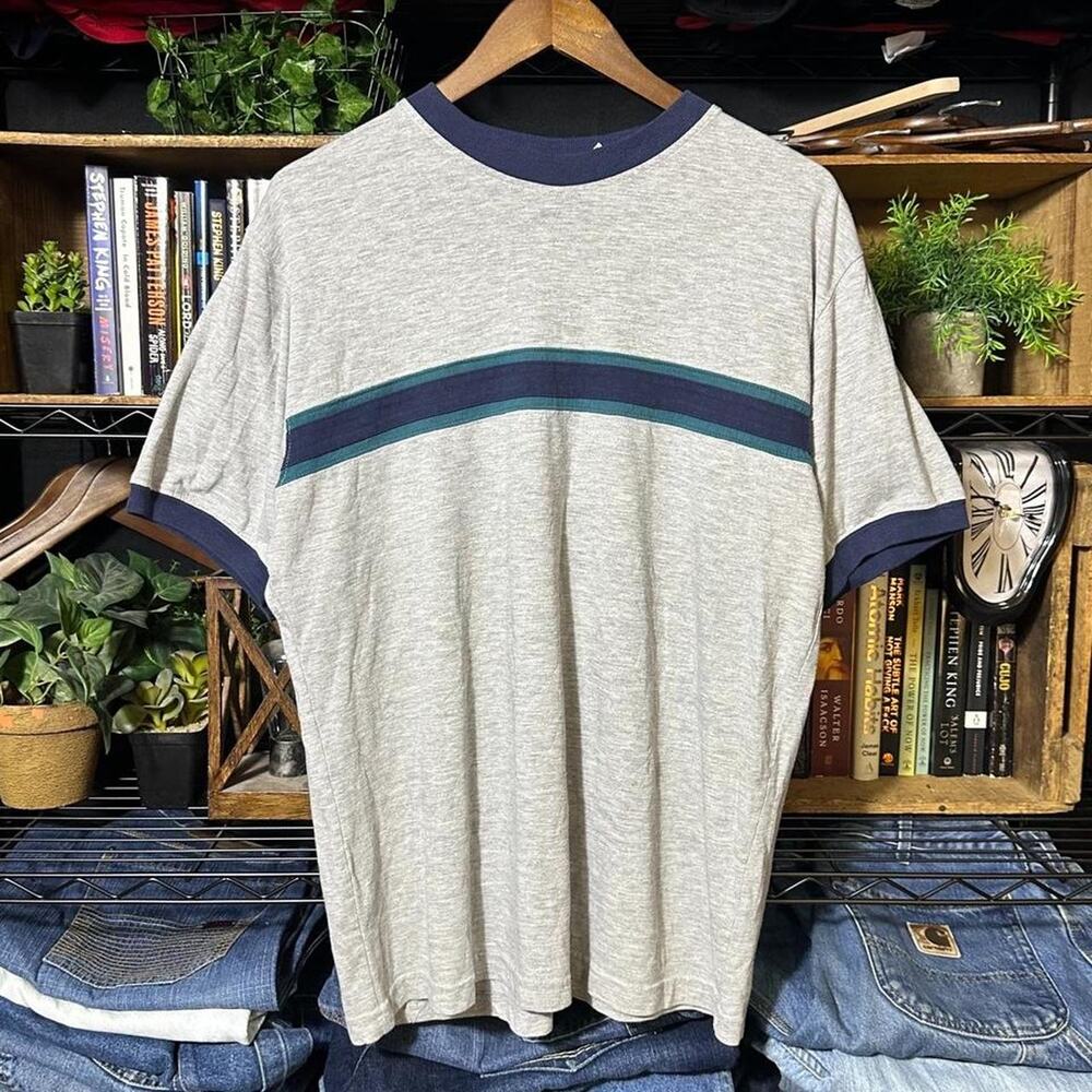 Vintage 90s Striped Surf Style Tee Shirt Grey Blue Ringer Skater Surfer Medium